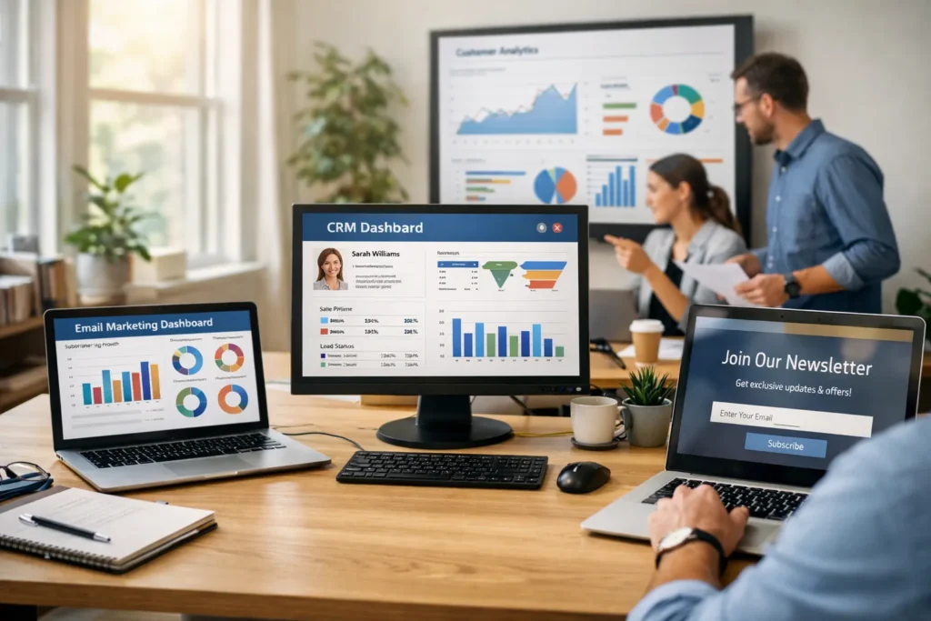 Team analyzing CRM and email dashboards