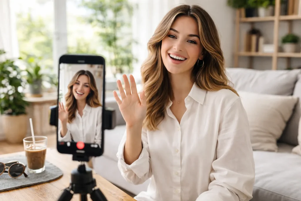 Woman recording vertical smartphone video indoors