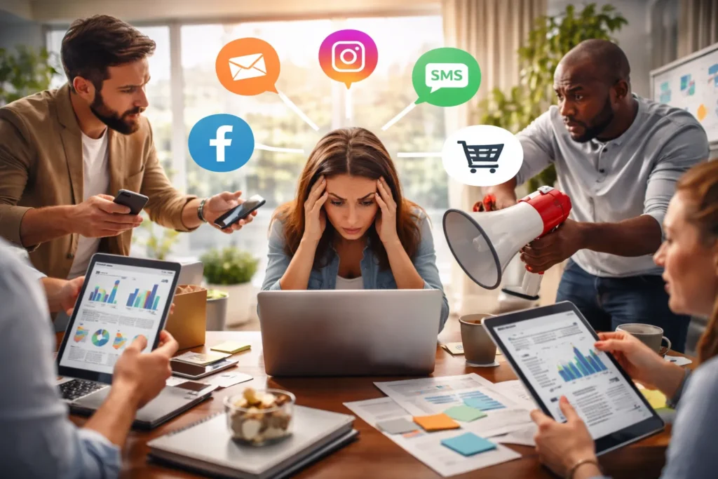 Overwhelmed marketer managing disconnected digital channels
