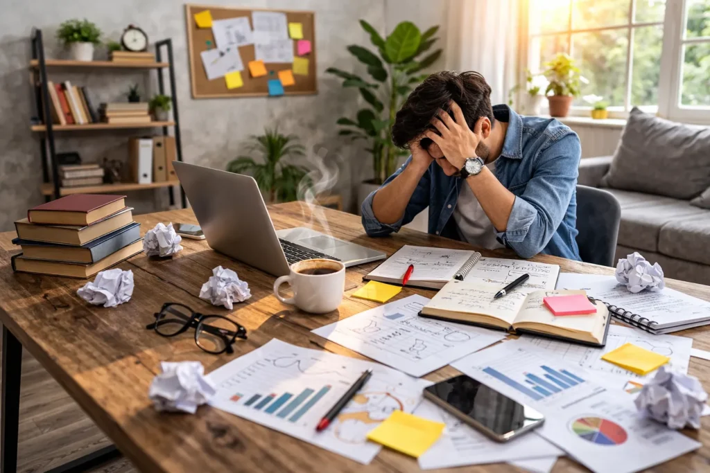 Overwhelmed professional surrounded by messy workspace