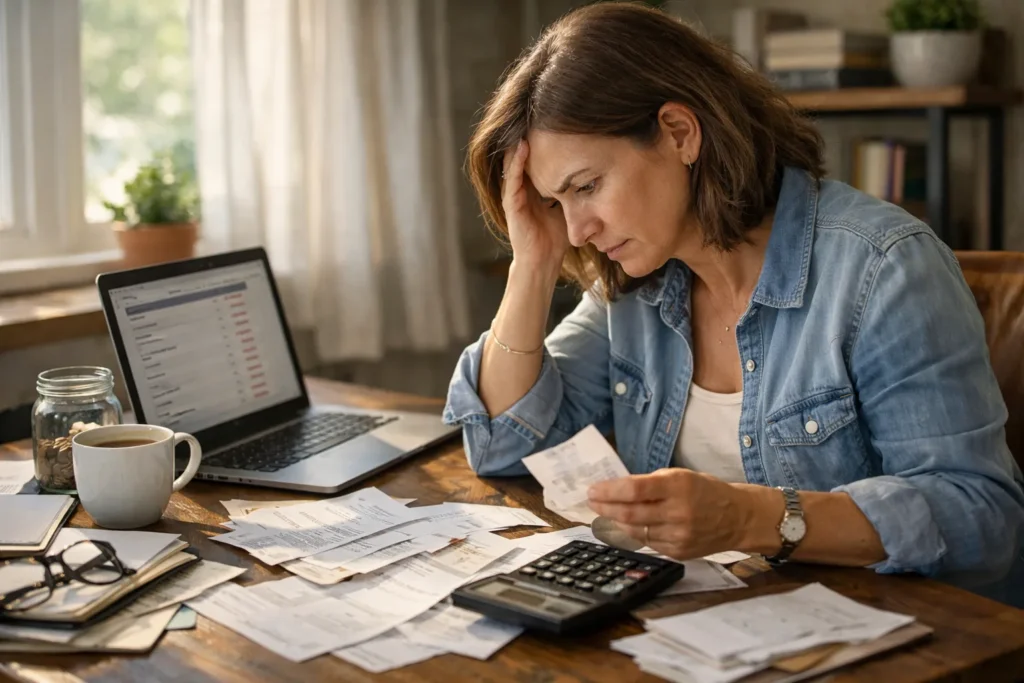 Woman reviewing expenses at cluttered desk