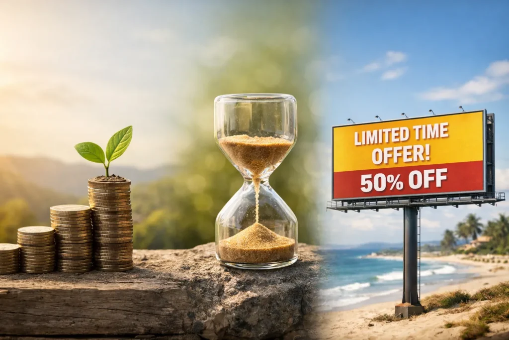 Coins sprouting plant, hourglass, promo billboard