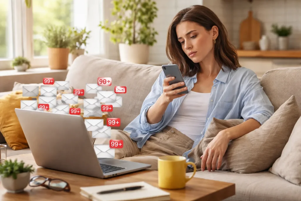 Woman ignoring overflowing email notifications on laptop