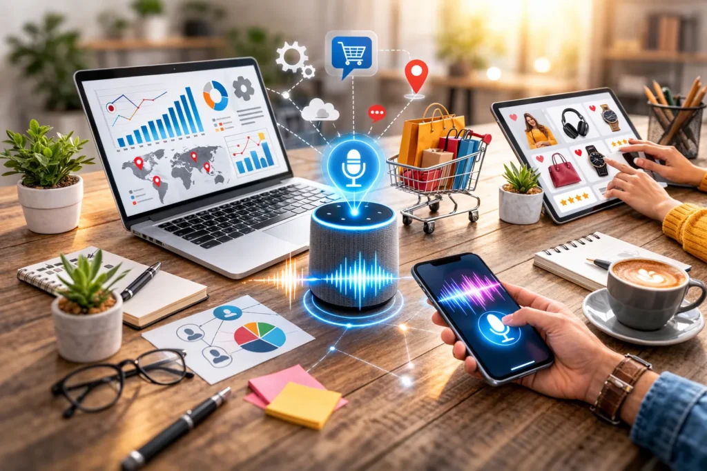 Voice search and marketing automation workspace