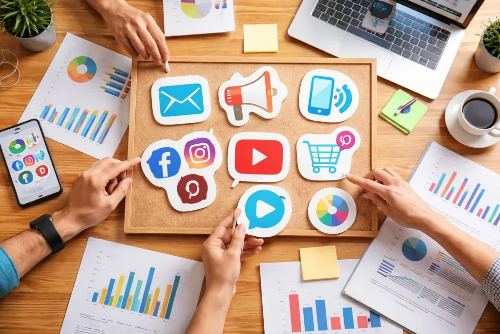 Team selecting digital marketing channels strategy