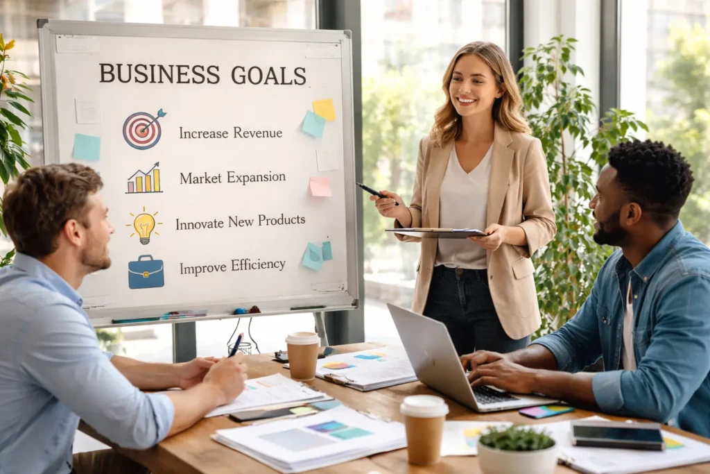 Team discussing clear business objectives together.