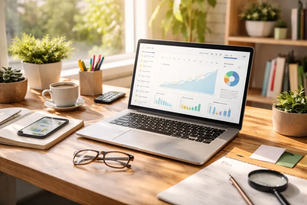 Sunlit workspace with SEO analytics dashboard