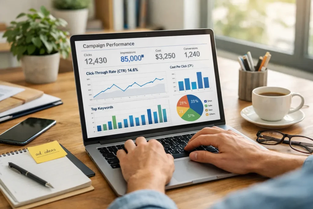 Professional analyzing online ad campaign metrics