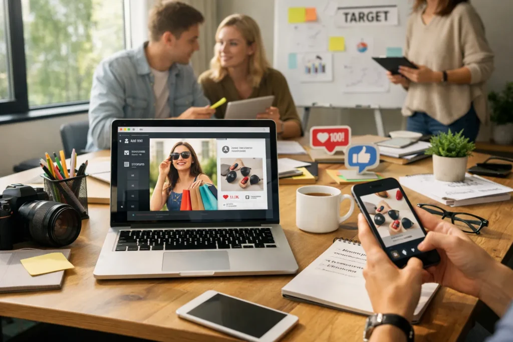 Team planning social media campaign workspace