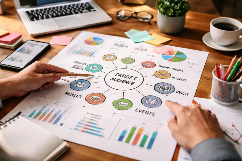 Hands planning marketing strategy on desk chart