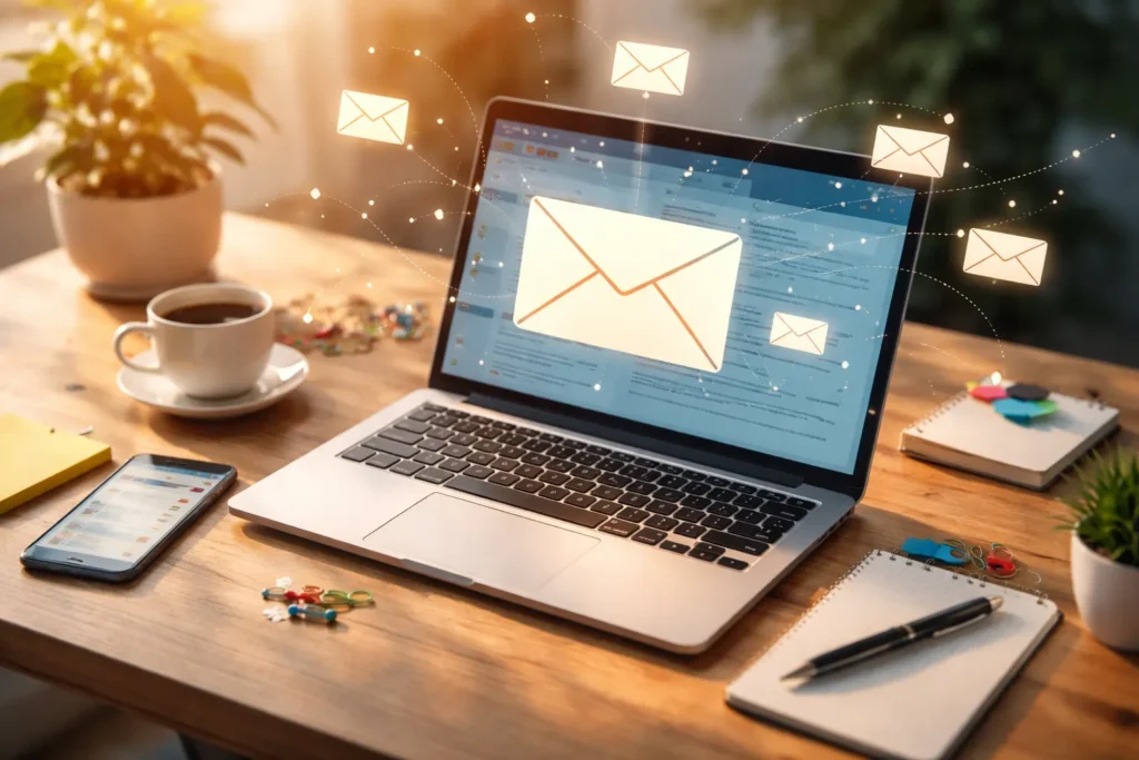 Laptop with emails and digital communication icons