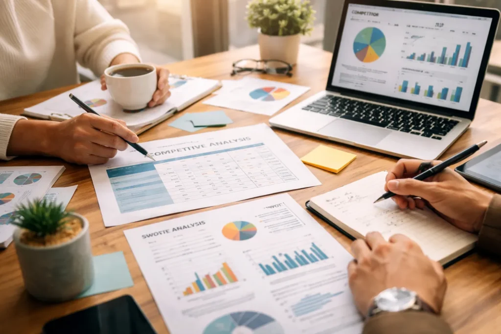 Team analyzing competitive data in office
