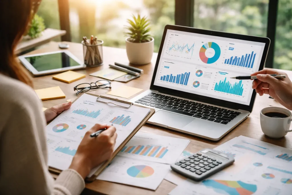 Team analyzing marketing data on laptop