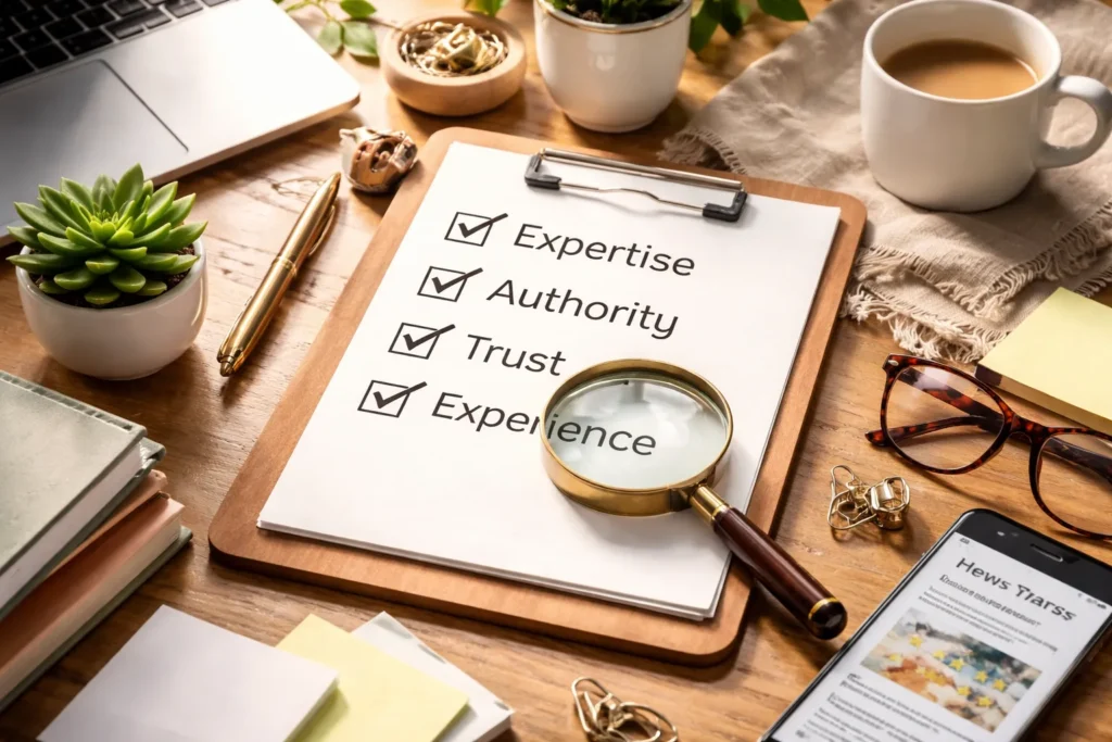 Content trust checklist on workspace desk