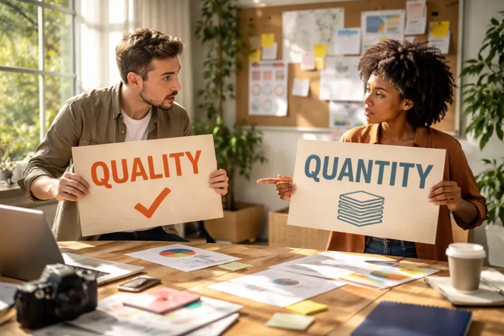 Professionals debating quality versus quantity strategy