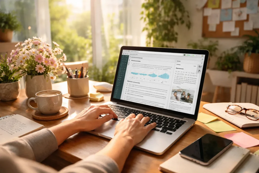 Person writing blog on laptop desk