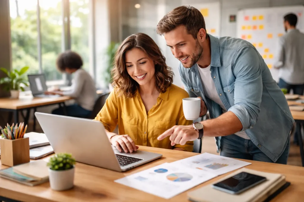 Team collaborating on laptop in office