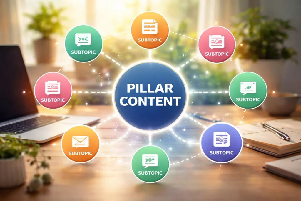 Topic cluster infographic connecting content ideas