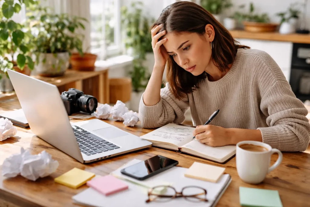 Stressed blogger writing at desk