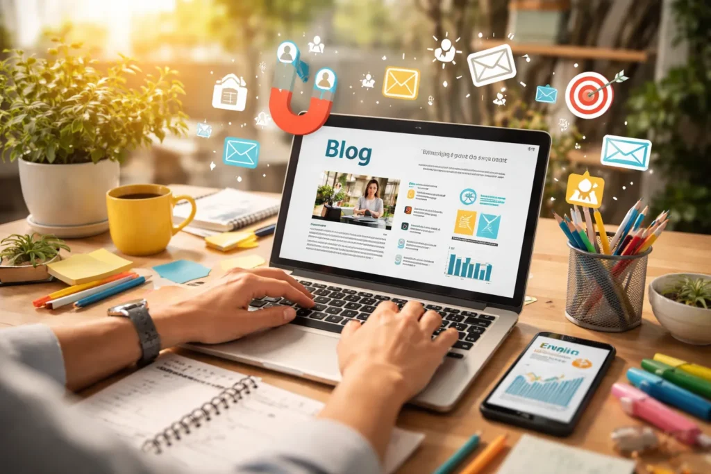 Professional blogging workspace generating online leads