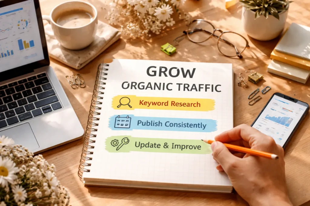 SEO strategy planning on desk workspace