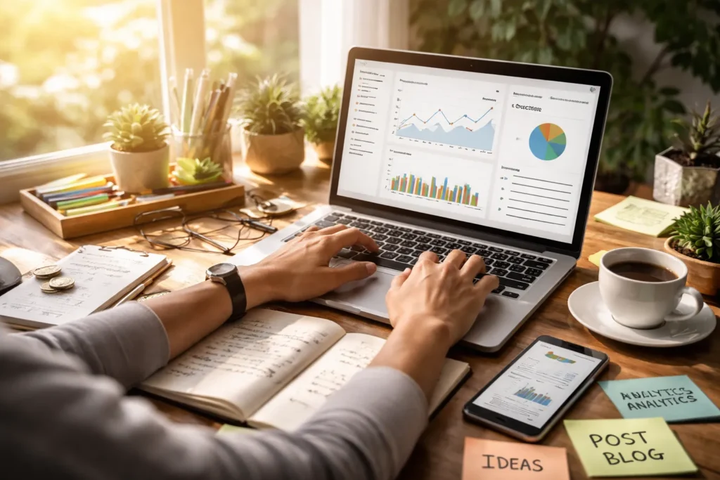 Blogger analyzing traffic and performance metrics