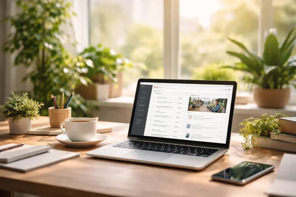 Sunlit workspace with laptop and coffee