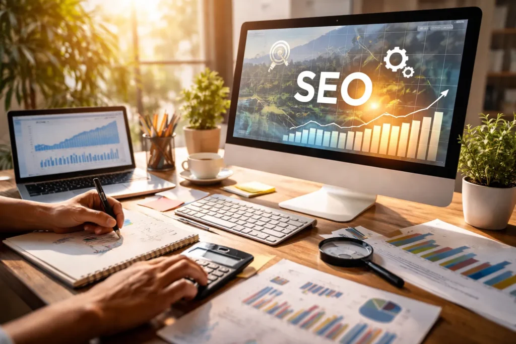 SEO analytics growth on desktop workspace