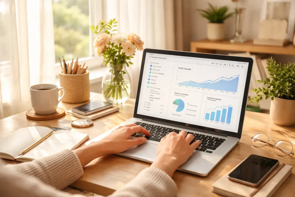 Blogger reviewing traffic analytics on laptop