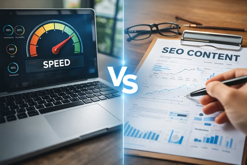Website speed dashboard and SEO content analysis