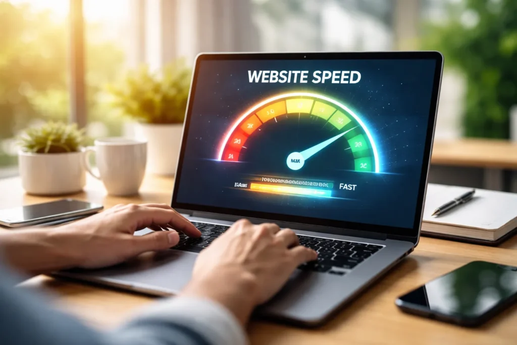 Laptop displaying website speed performance dashboard