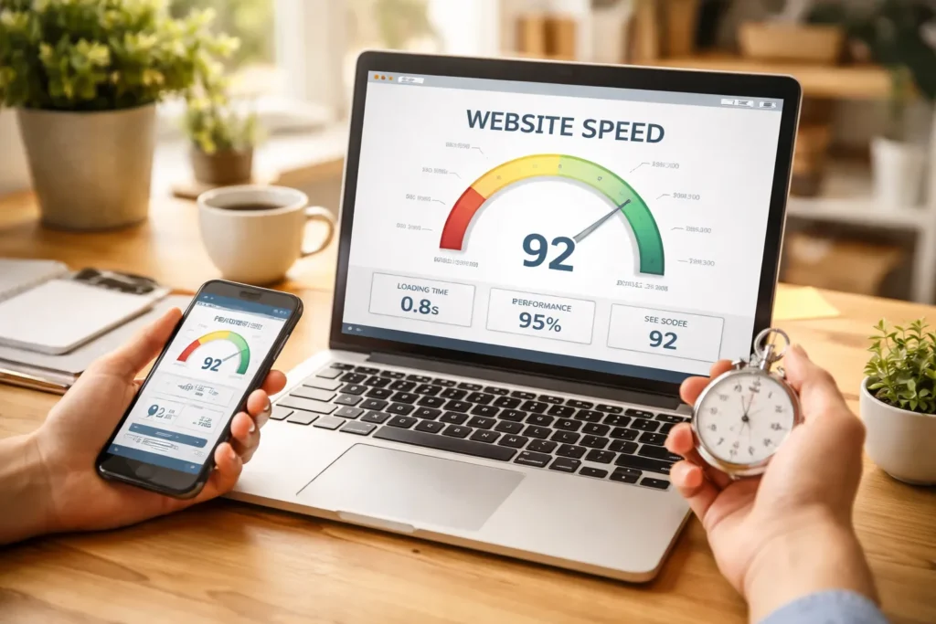 Website speed test on laptop dashboard