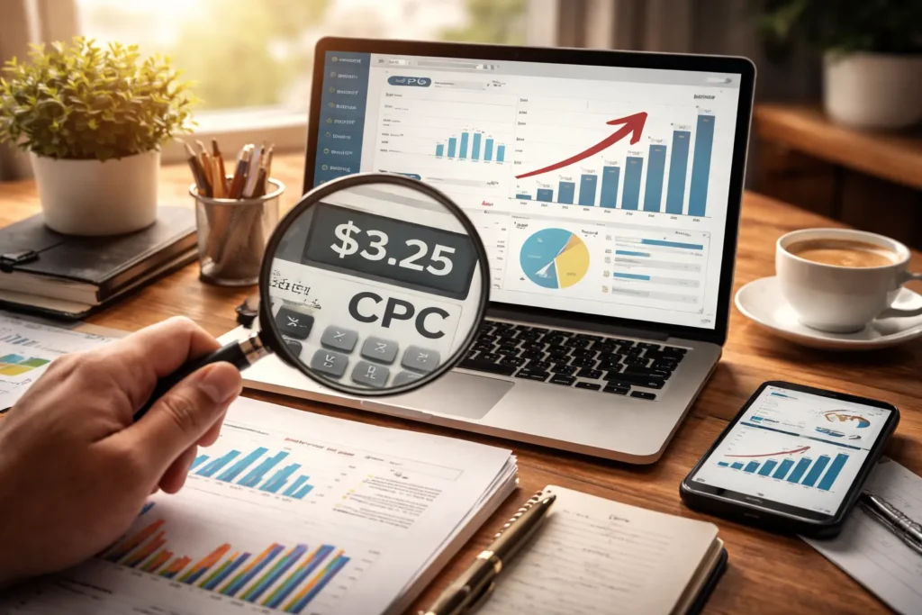 Rising CPC analytics on laptop dashboard