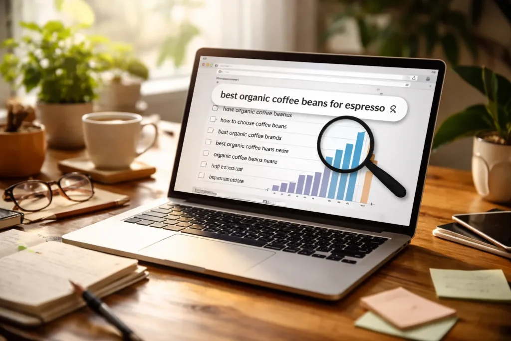 Laptop screen showing long-tail keyword search.