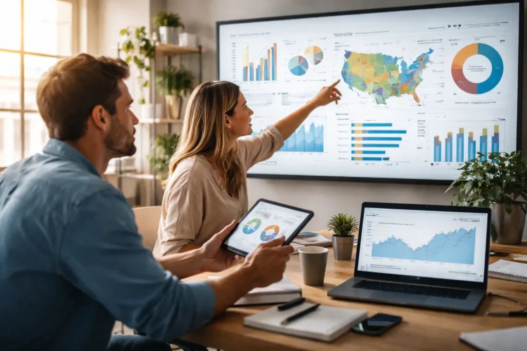 Marketing team analyzing data and charts