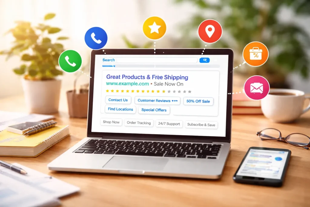 Search ad with multiple extensions displayed