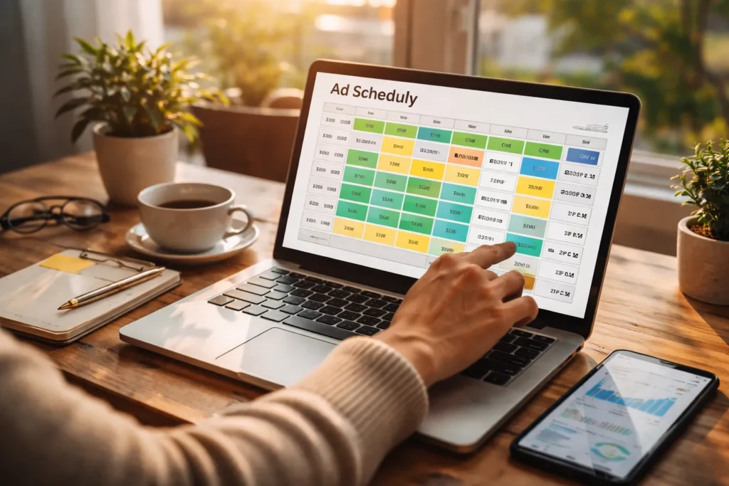 Ad schedule optimization on laptop screen