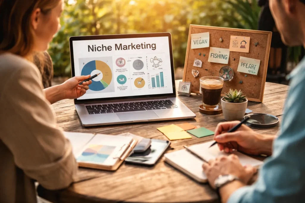 Professionals planning niche marketing strategies outdoors