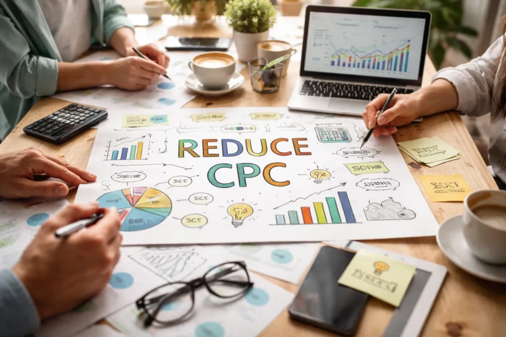 Team analyzing charts to reduce CPC