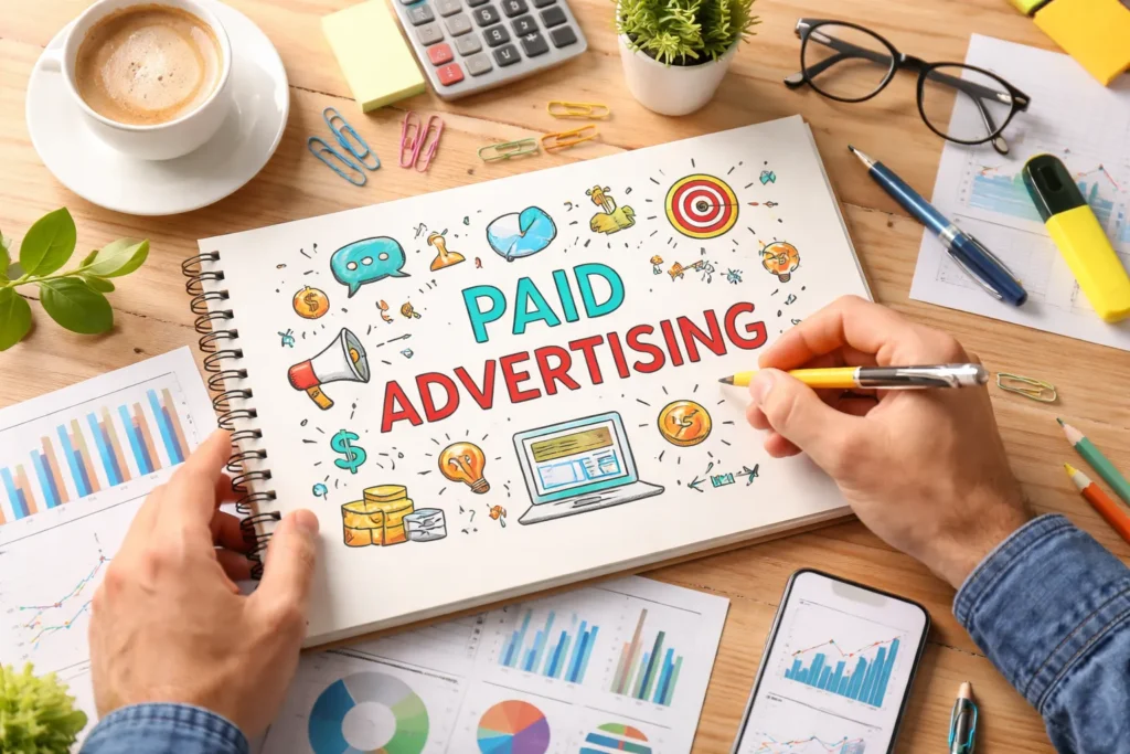 Paid advertising strategy workspace with analytics charts