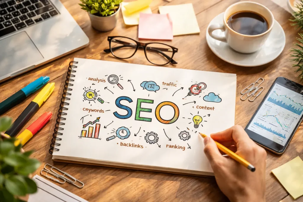 SEO strategy planning on wooden desk