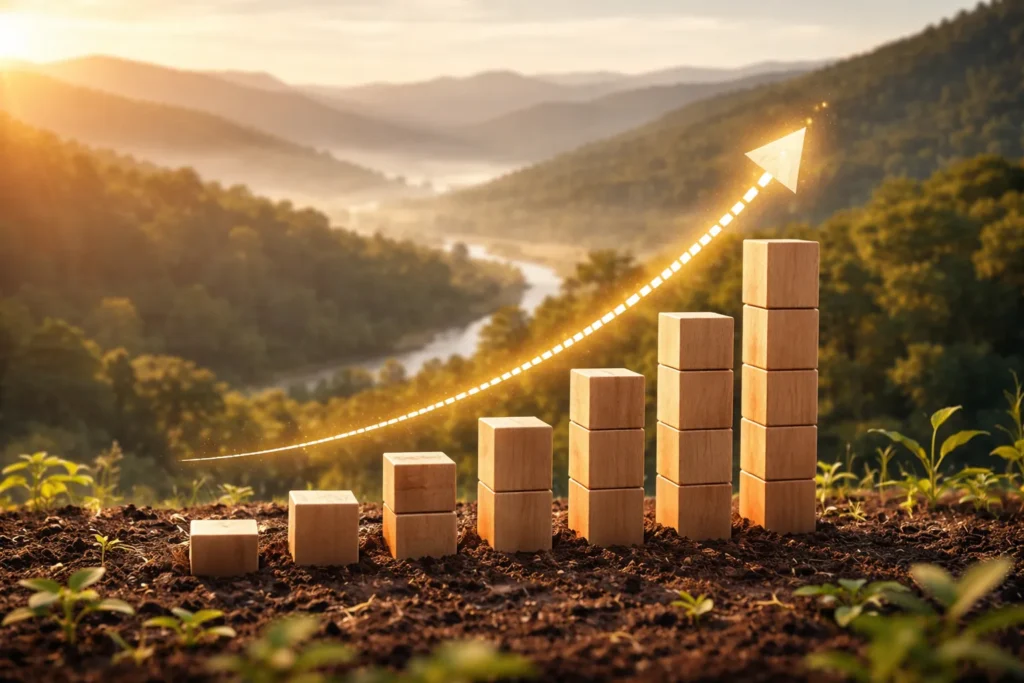 Growing wooden blocks with upward trend