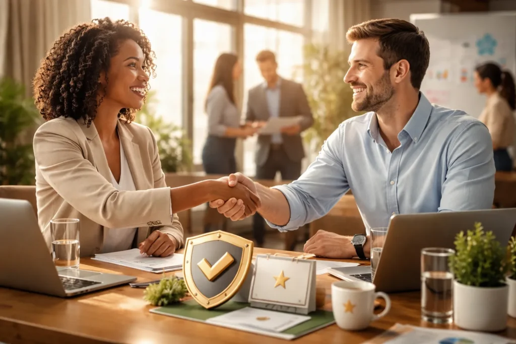 Professionals shaking hands in bright office