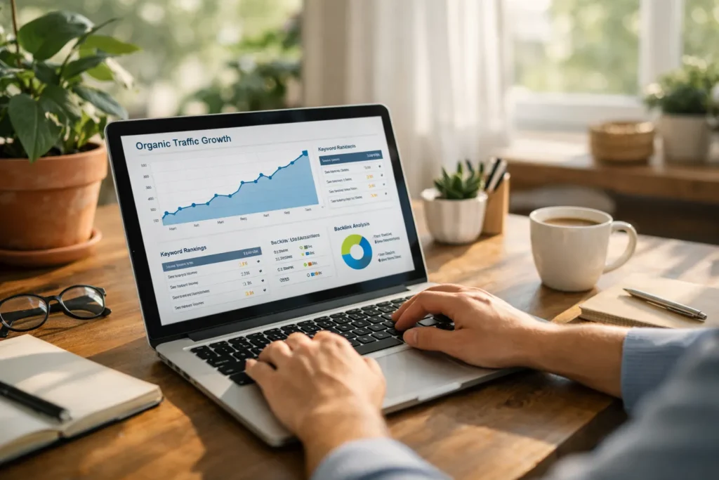 Person analyzing organic traffic growth dashboard
