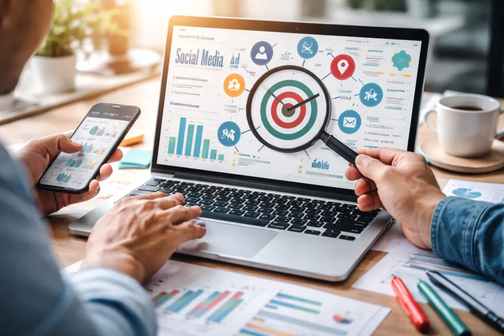 Marketer analyzing social media targeting data