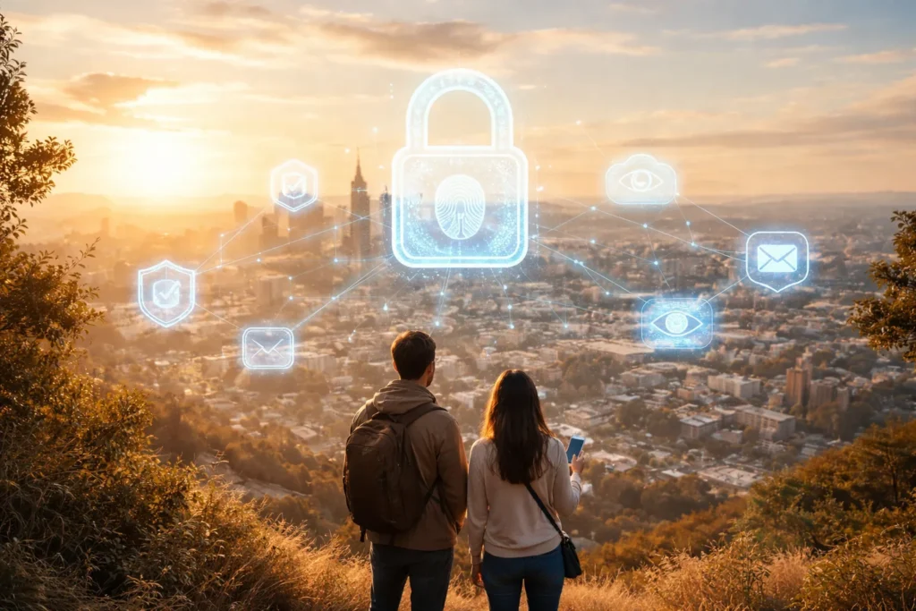 City skyline with floating digital privacy lock