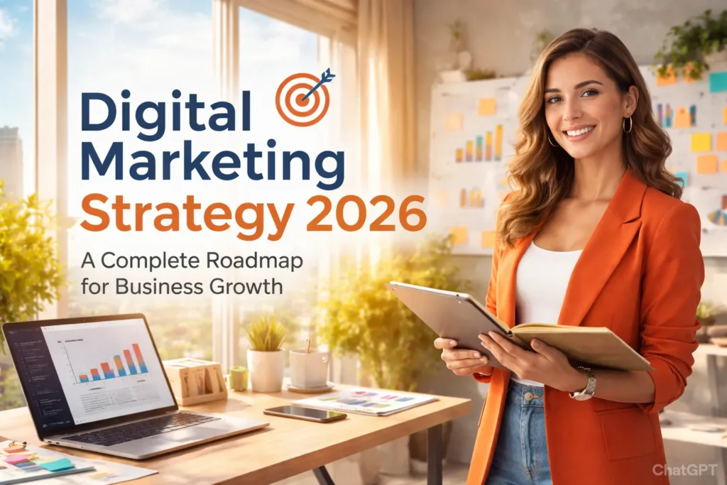 Digital marketing strategy planning office scene