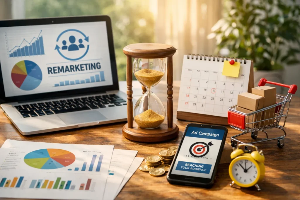 Digital marketing workspace with analytics visuals