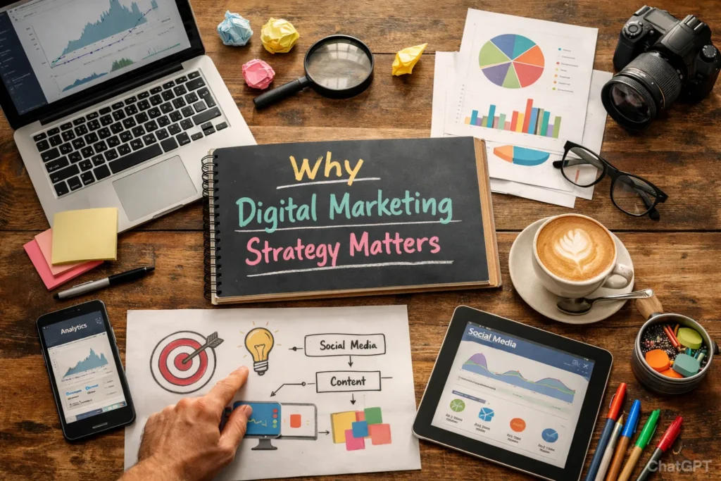 Digital marketing strategy workspace with analytics