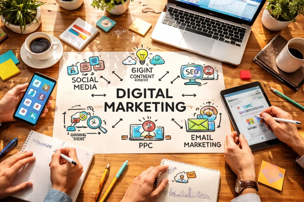 Team planning digital marketing strategies on workspace